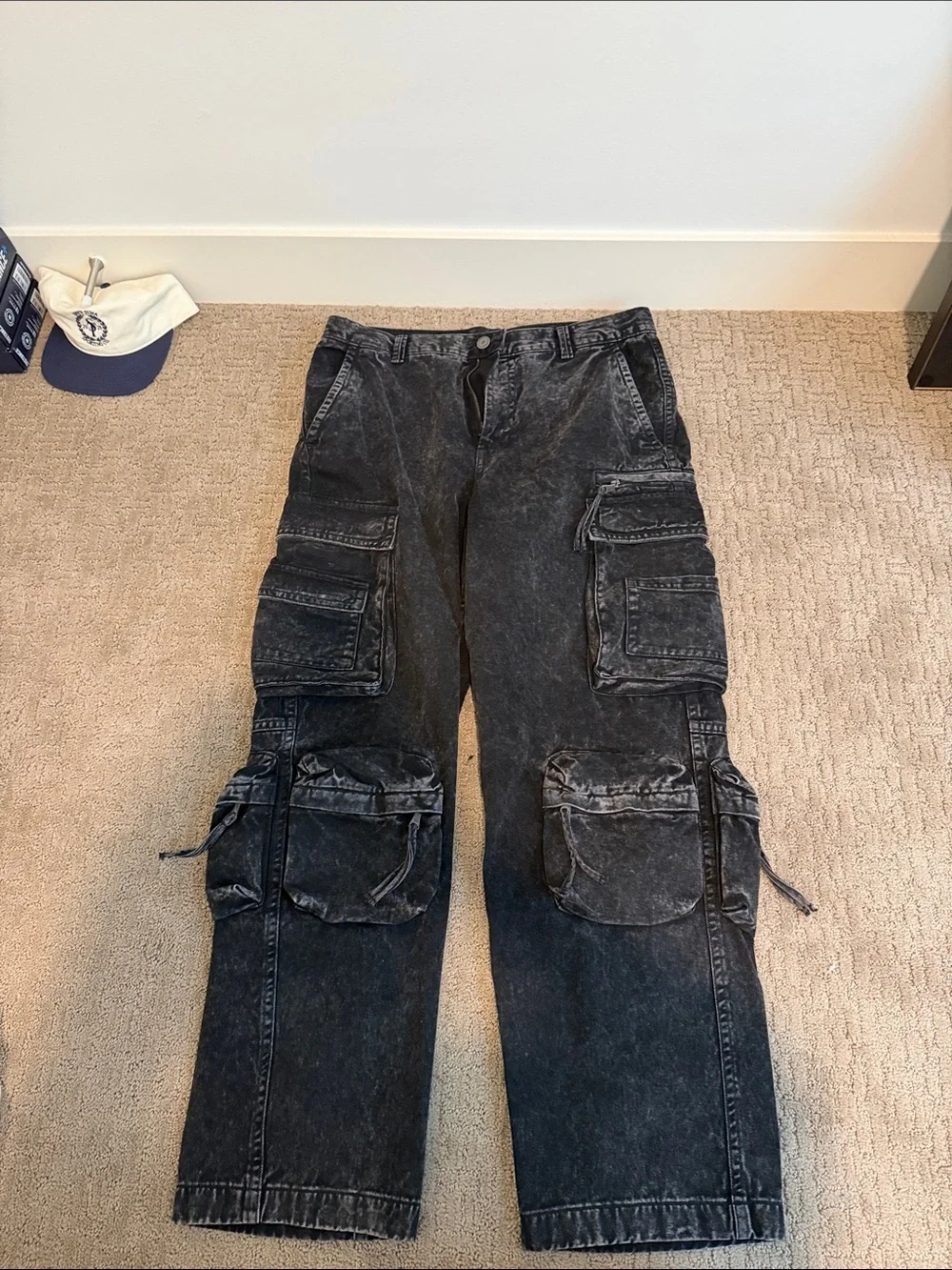 H&M Washed Black Cargo Pants with Multi-Pocket Detail